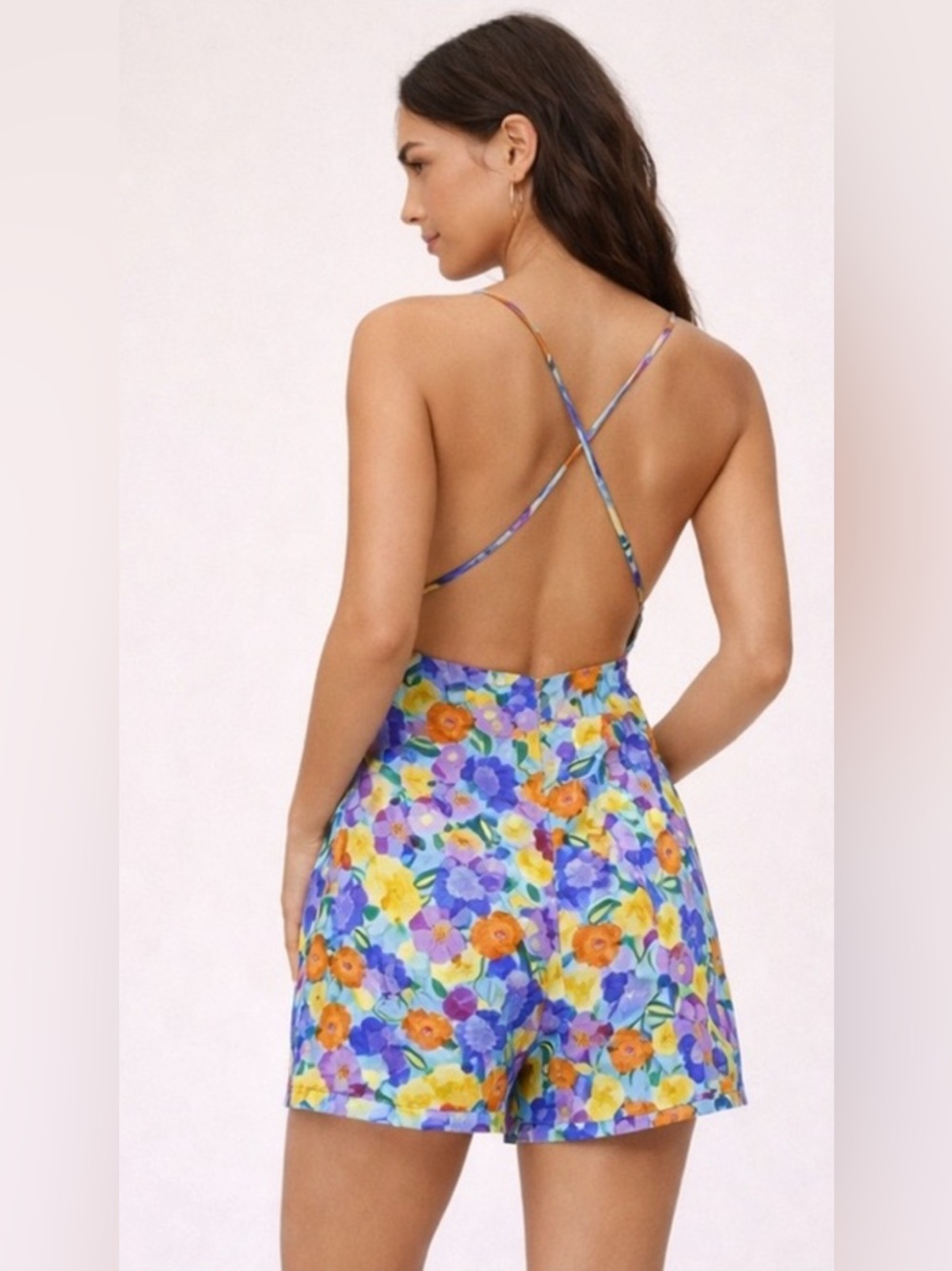 Zara Floral Romper Mini Dress Open Cross Strap Back Spring Summer - Size M